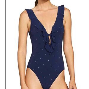 Robin Piccone Jennie Plunge Polka Dot One Piece Swimsuit Navy Blue Women's Sz 12